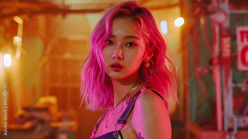 Captivating K-Pop with Vibrant Pink Hair Posing in Neon-Lit Studio Captivating K-Pop with Vibrant Pink Hair Posing in Neon-Lit Studio