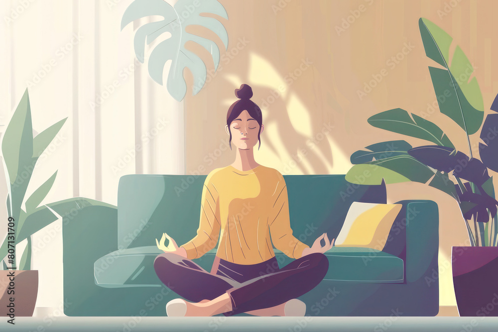 Tranquil Indoor Meditation. A serene woman meditates in a sunlit living room, surrounded by lush indoor plants, creating a peaceful home environment. Illustration with serene woman doing yoga.