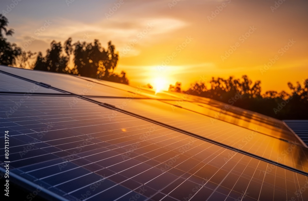 Fototapeta premium Photovoltaic solar panels producing clean energy against a vibrant sunset backdrop, harnessing sustainable power for the environment