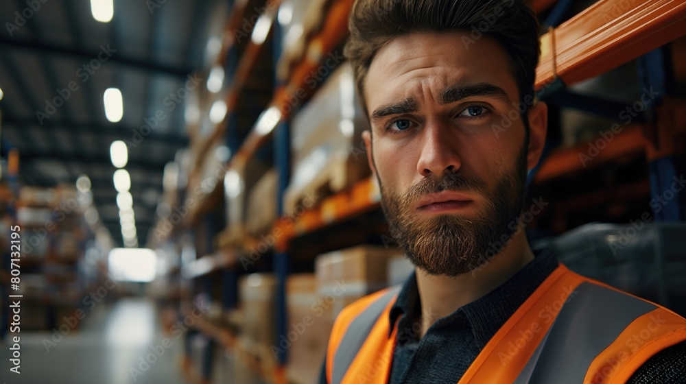 Serious young warehouse distribution and delivery logistics centre male manager worker at work looking at camera