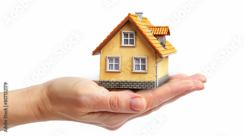 A hand securely cradling a miniature house against a white background symbolizing home ownership and protection