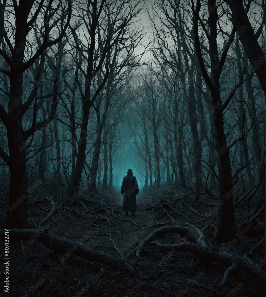 a man walks through a dark forest with a blue light on the bottom a man walks through a dark forest with a blue light on the bottom