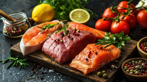 Raw food healthy foods selection for Carnivore diet Salmon fish Steak, Chicken meat, Chicken liver, Beef meat Steak on dark background healthy food