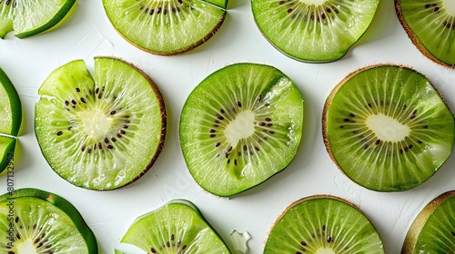 green kiwi on isolated background the image shows a green kiwi on a isolated background, with a slice of kiwi on the left and a slice of kiwi on the right