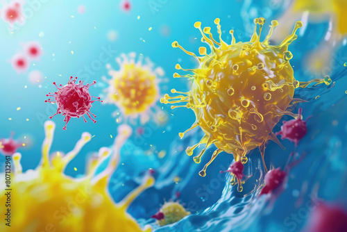 Medical illustration of immune cells, cytokines, and antibodies working together to prevent viral infections, showcasing complex immunology concepts. photo