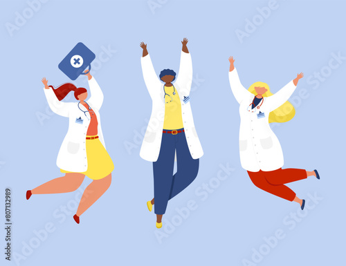 Three doctors in white coats jumping and celebrating on a blue background
