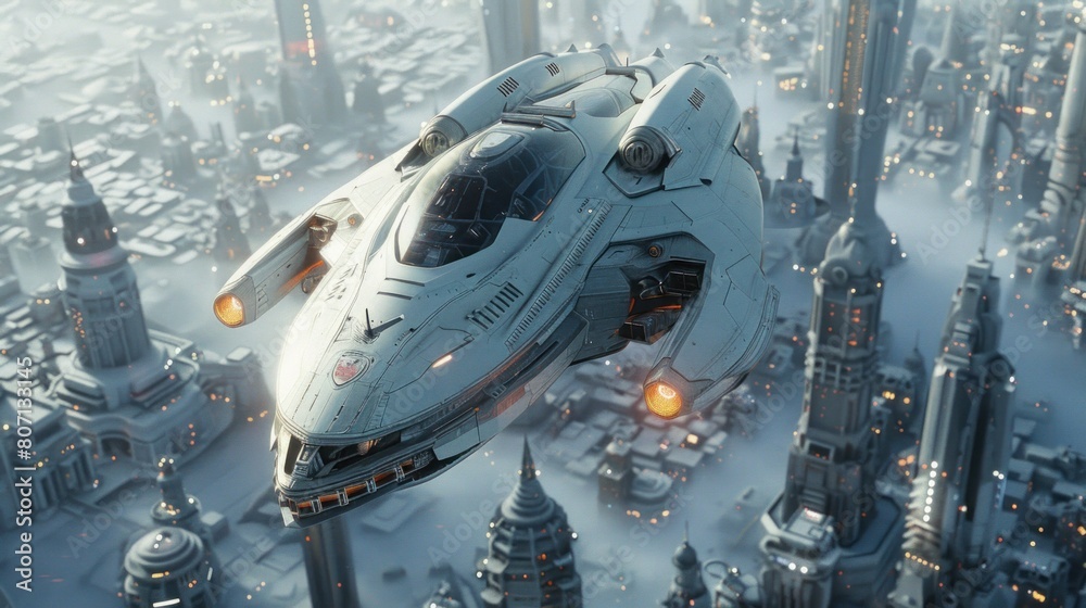 Sci fi ship in futuristic city. Aerial view. 3d rendering. 3D Illustration Generative AI, Sci fi ship in futuristic city. Aerial view. 3d rendering. 3D Illustration Generative AI,