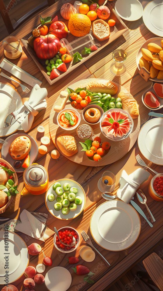 Sunday morning breakfast with the entire family gathered around a large table, featuring a homemade meal, symbolizing unity and tradition3D vector illustrations