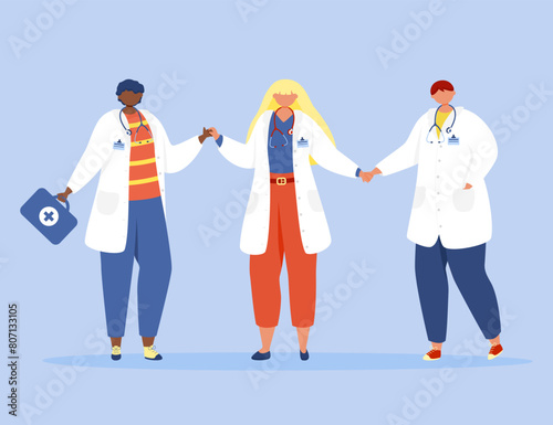 Three doctors in medical coats holding hands on a blue background