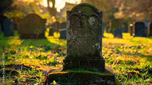 Old gravestone in a cemetery lit by the sun at sunset.