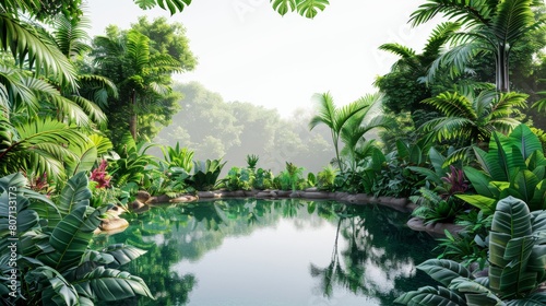 A lush green jungle with a small pond in the middle