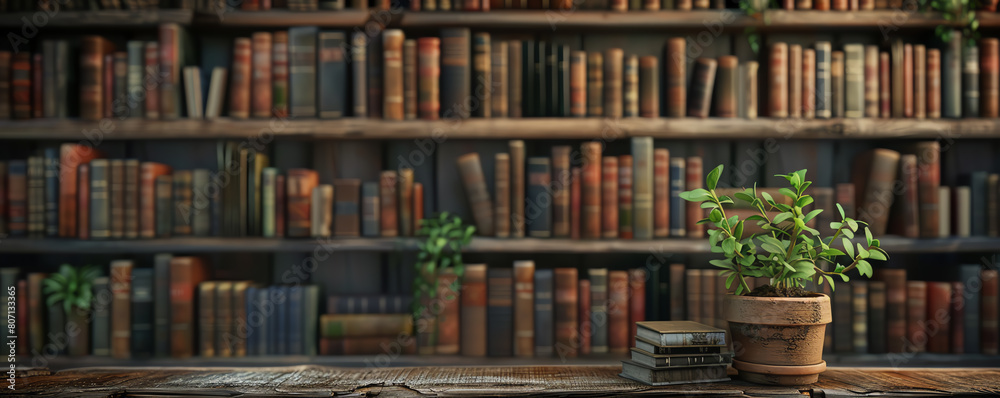 A detailed image of a rustic bookshelf made of reclaimed wood, densely packed with a mix of old and new books, with a small potted plant on one shelf A detailed image of a rustic bookshelf made of reclaimed wood, densely packed with a mix of old and new books, with a small potted plant on one shelf