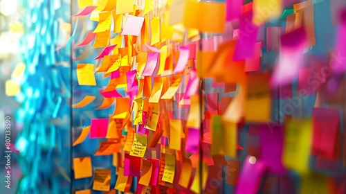 a busy and colorful brainstorming session: a glass wall covered in a vibrant array of sticky notes photo