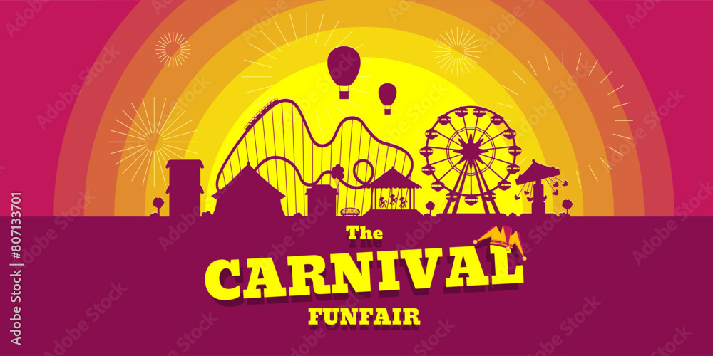 Carnival funfair horizontal banner. Amusement park with circus, carousels, roller coaster, attractions on sunset background. Fun fair landscape with fireworks. Ferris wheel and merry-go-round festival