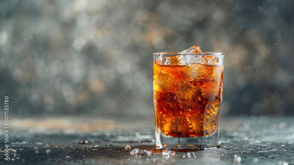 Glass of cola with ice cubes on dark background, copy space Glass of cola with ice cubes on dark background, copy space