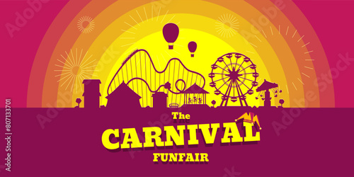 Carnival funfair horizontal banner. Amusement park with circus, carousels, roller coaster, attractions on sunset background. Fun fair landscape with fireworks. Ferris wheel and merry-go-round festival