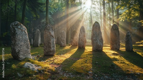stones arranged in a line in the middle of the forest, sunlight coming in from between the trees hitting the stones. photo