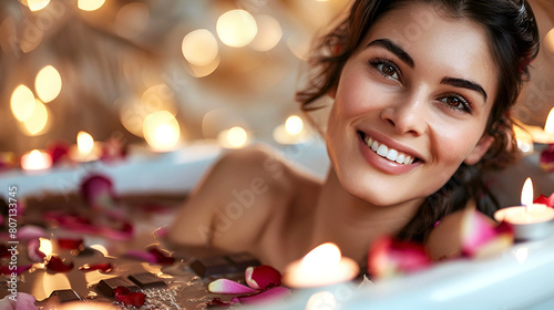 Serene bath with rose petals, chocolate and candlelight