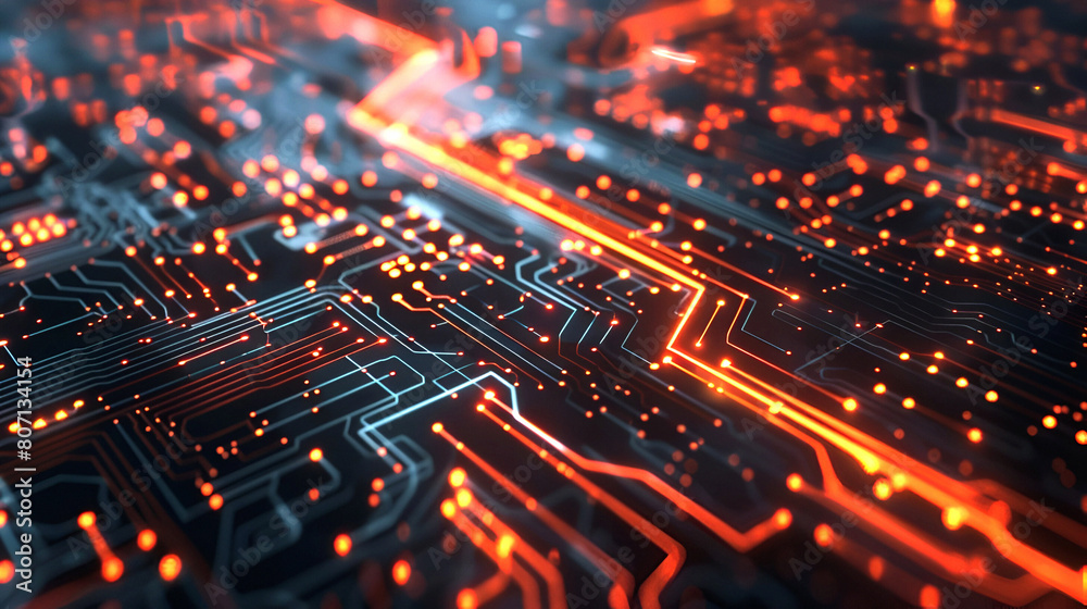 Glowing circuit board with illuminated pathways Glowing circuit board with illuminated pathways