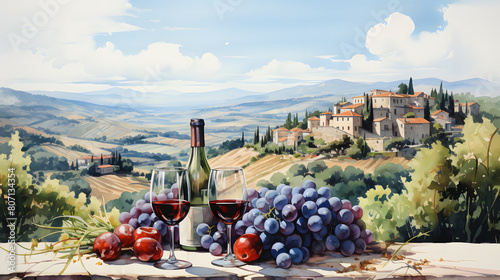 An idyllic depiction of a vineyard landscape  featuring a bottle of red wine  two glasses  and a bunch of grapes with a backdrop of rolling hills