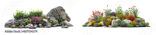 Collection of garden with shrubs flowers and rocks isolated on transparent or white background