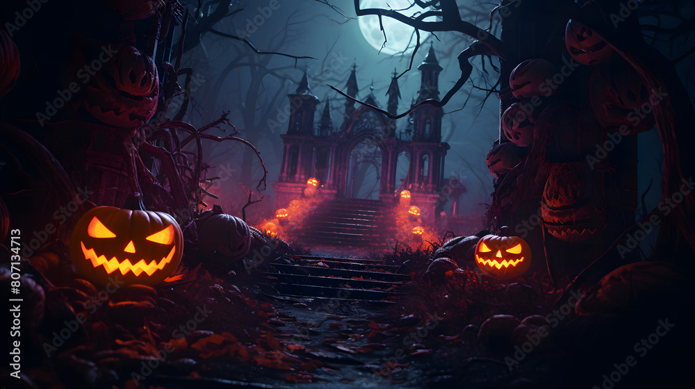 An eerie scene with glowing jack-o'-lanterns lining a path leading to a mysterious gothic gate under a haunting full moon Evokes the spirit of Halloween and ghost stories An eerie scene with glowing jack-o'-lanterns lining a path leading to a mysterious gothic gate under a haunting full moon Evokes the spirit of Halloween and ghost stories
