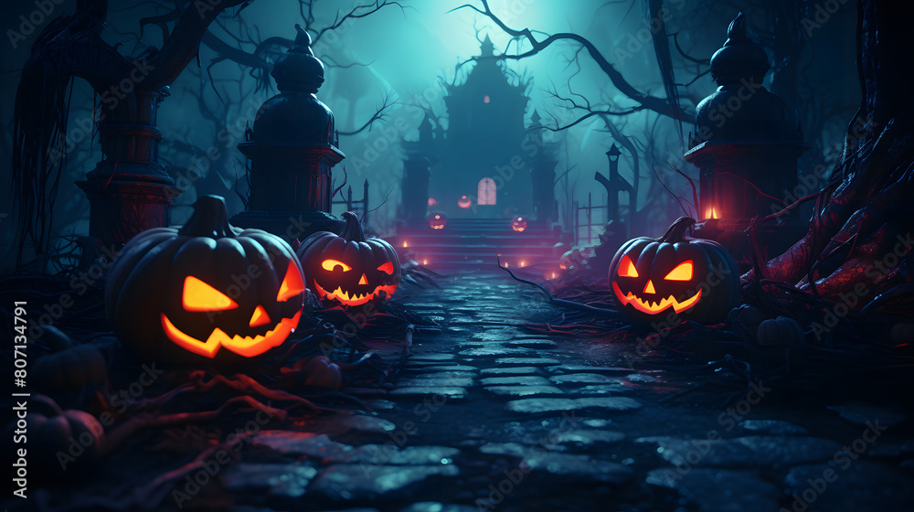 Three carved pumpkins lit from within, facing the camera, set on a cobblestone path leading to a distant, spooky mansion under a moonlit night