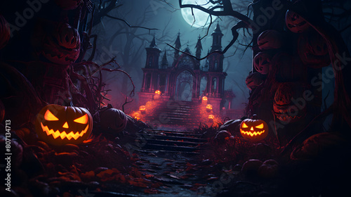 An eerie scene with glowing jack-o'-lanterns lining a path leading to a mysterious gothic gate under a haunting full moon Evokes the spirit of Halloween and ghost stories
