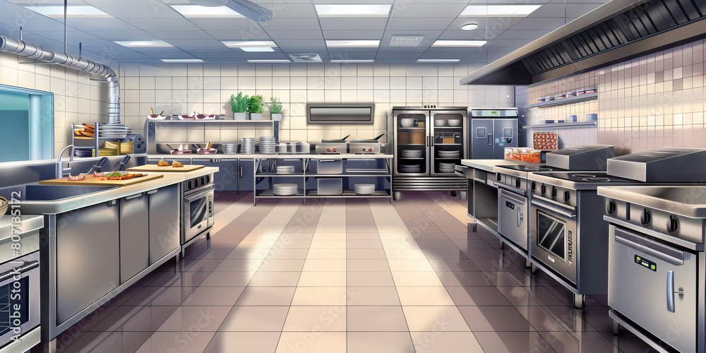 Obraz premium Menu Development Area Floor: Displaying a space where new menu items are developed and tested, with kitchen equipment for recipe testing and tasting