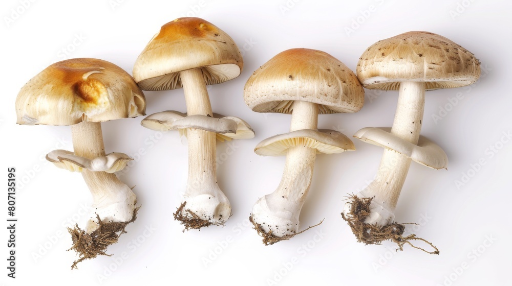 Four mushrooms are shown with their stems and roots visible. The mushrooms are of different sizes and are arranged in a row