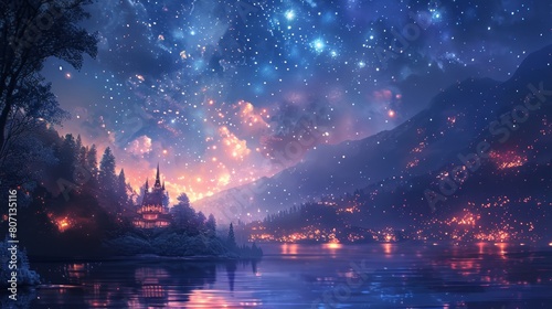 Craft an image of paradise where the night sky is illuminated by a canopy of shimmering stars