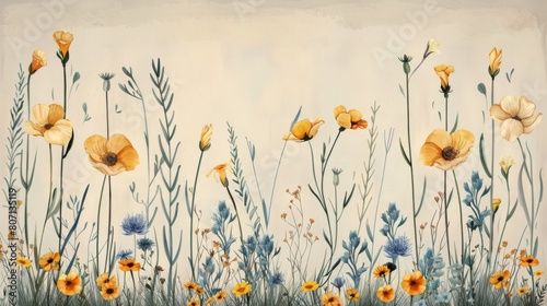 A painting of a field of flowers with a blue sky in the background. The painting has a peaceful and calming mood, as it depicts a beautiful © Дмитрий Симаков