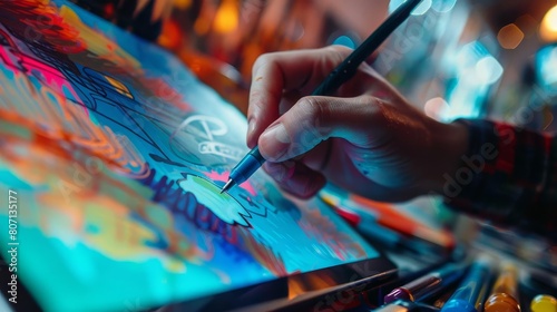 A digital artist uses a stylus to create a vibrant painting on a tablet