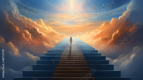 A person ascends a staircase leading to a bright, celestial light amidst billowing clouds, invoking themes of hope, journey, and enlightenment