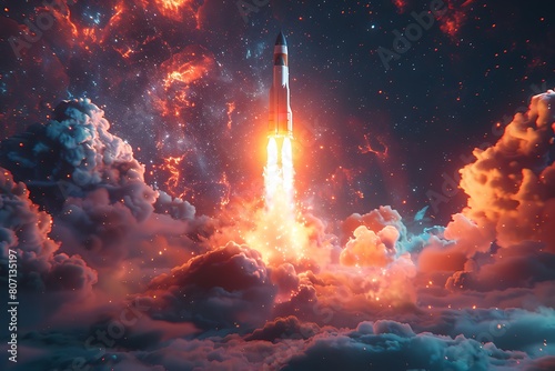 a digital art concept where a sleek laptop sits against a dark background  an animated rocket launches directly out of the screen