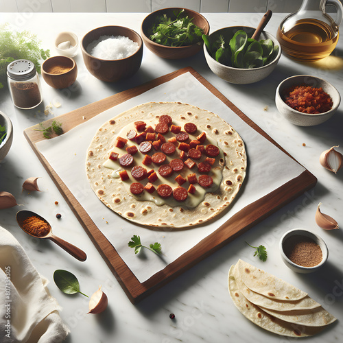 High-Resolution Chorizo Talo Corn Tortilla on Marble Counter photo