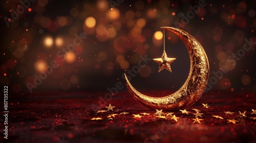 Golden crescent and star illuminate a festive background with sparkling lights celebrating Ramadan Kareem