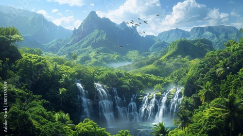Craft an image of paradise where the scenery is alive with the sounds of cascading waterfalls and singing birds