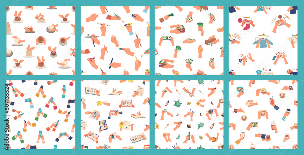 Seamless Patterns Collection Of Hands Engaged In Various Activities, From Crafting And Cooking To Writing And Sewing Seamless Patterns Collection Of Hands Engaged In Various Activities, From Crafting And Cooking To Writing And Sewing