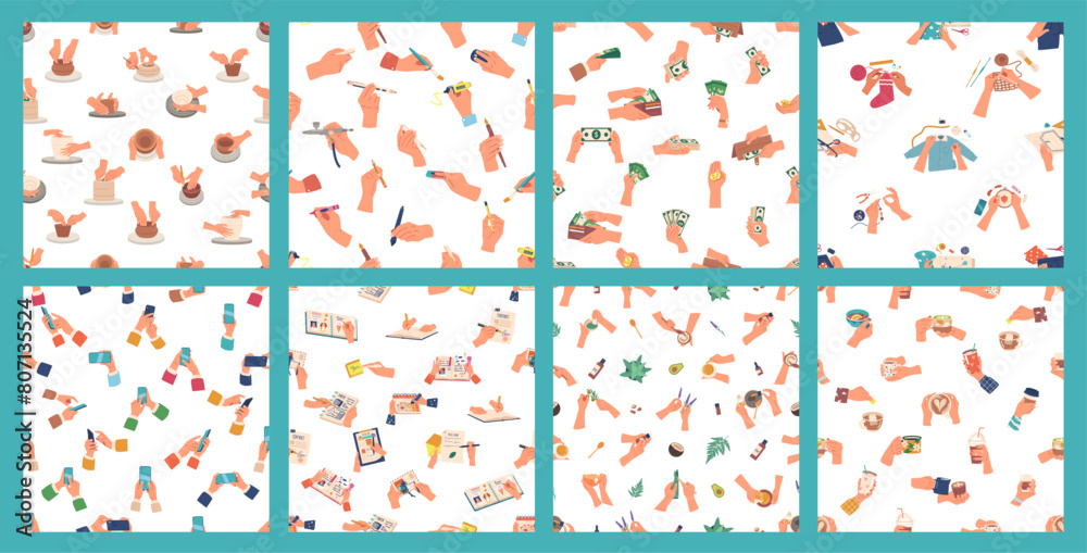 Seamless Patterns Collection Of Hands Engaged In Various Activities, From Crafting And Cooking To Writing And Sewing