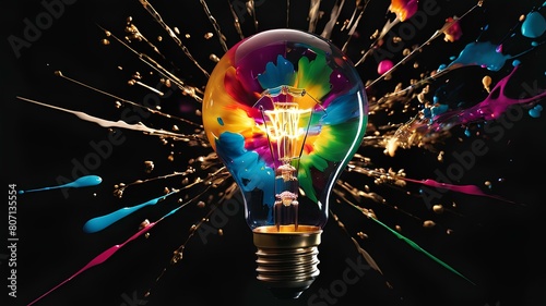 Obraz na płótnie Creative design of an exploded light bulb with colorful colors got out of it. Represents new ideas, thoughts and critical thinking. w salonie