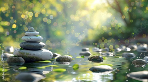 Serene Zen stones balanced in tranquil water with bokeh light for peaceful meditation and relaxation