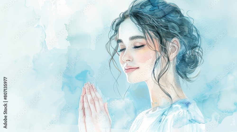 Delicate watercolor illustration showing a woman with her hands folded in prayer, her expression serene, against a washedout, light blue background