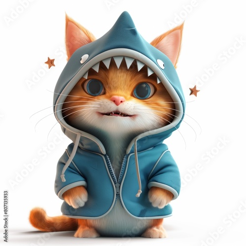 A cat in a shark costume. On a white background, cartoon style, 3d image. photo