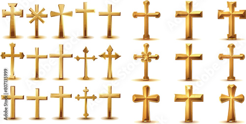 Golden christian cross icons isolated set