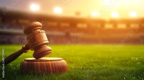 a wooden judge's gavel placed on its striking block on a lush green grass field with stadium lights photo