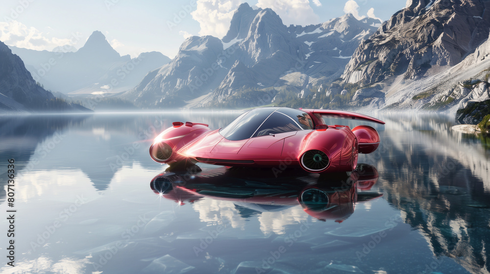 Fototapeta premium Futuristic Red Sports Car on Mountain Lake