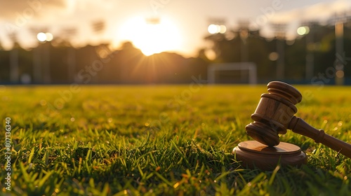 a wooden judge's gavel placed on its striking block on a lush green grass field with stadium lights photo