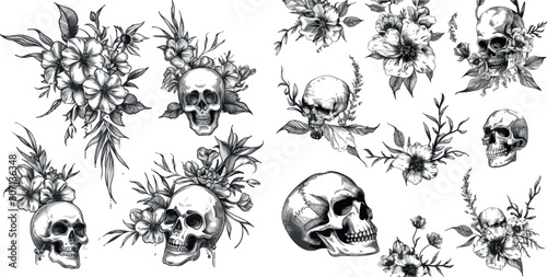Tattoo elements. Linear tattoos with skull and flowers