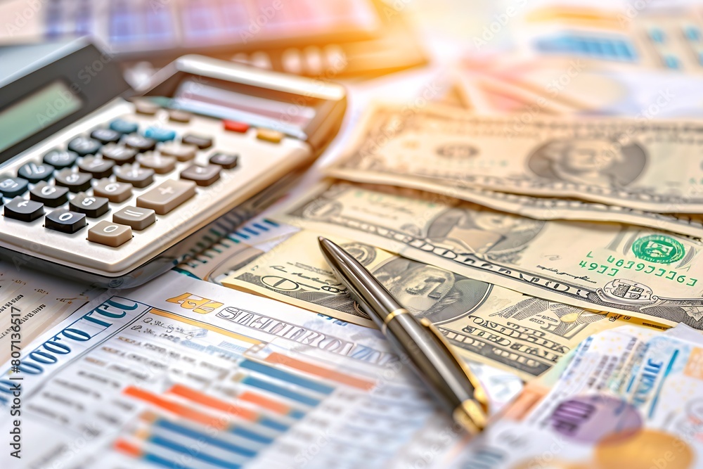 Fototapeta premium the theme of finances and accounting: a clear, close-up shot of a calculator, ballpoint pen, and scattered currency notes